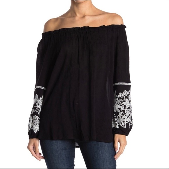 Black Off-Shoulder Top with White Floral Embroidery, 1X - Picture 1 of 8